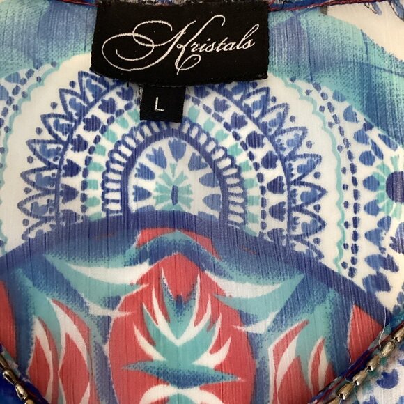 Colorful Sheer Poncho Kimono Kaftan Beach Cover-up Top Sz L by Kristals #253H - Picture 6 of 7